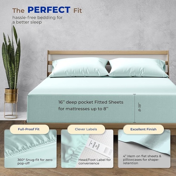 THREAD SPREAD 100% Egyptian Cotton Sheets Set King - 1000 High Thread- Sea Foam - Picture 4 of 10